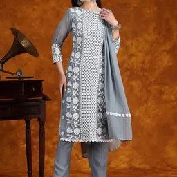 HERE&NOW Floral Embroidered Thread Work Kurta with Trousers & Dupatta-46