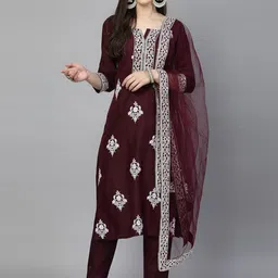 BAESD Ethnic Motifs Embroidered Straight Kurta With Trousers & Dupatta-15