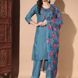 MORLY Round Neck Floral Embroidered Gotta Patti Straight Kurta with Trousers & Dupatta-picture-52