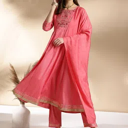 Anouk Ethnic Motifs Embroidered Round Neck Straight Kurta with Trousers & Dupatta-53