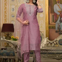 ODETTE Women Ethnic Motifs Yoke Design Regular Thread Work Kurta with Trousers & With Dupatta-4