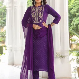 KALINI Women Plus Size Floral Yoke Design Thread Work Kurta With Trousers & Dupatta-44