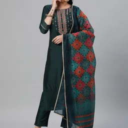 KAMI KUBI Floral Yoke Design Regular Mirror Work Kurta With Trousers & Dupatta-picture-2