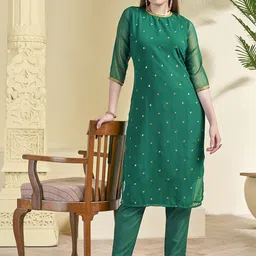 KALINI Floral Embroidered Sequinned Straight Kurta with Trousers-44