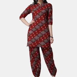Popwings Ethnic Motifs Printed Mandarin Collar Pure Cotton Kurta with Trousers-image-92