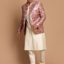 VASTRAMAY Men Cream-Coloured Floral Printed Kurta with Churidar-14