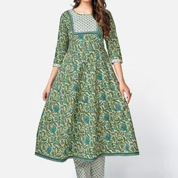 KALINI Women Green & Blue Printed Panelled Pure Cotton Kurta with Trousers & With Dupatta-picture-9