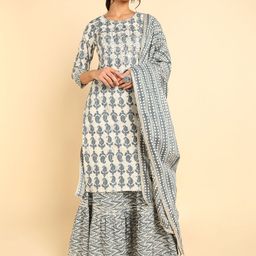 AHIKA Women Off White Ethnic Motifs Printed Pure Cotton Kurta with Sharara & With Dupatta-image-74