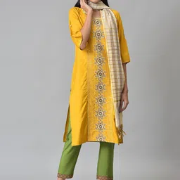 AURELIA Women Mustard Yellow Floral Embroidered Kurta with Trousers & With Dupatta-22