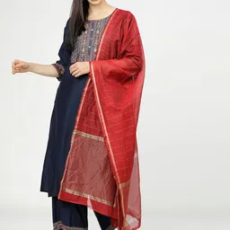 Vishudh Women Navy Blue & Red Ethnic Motifs Yoke Design Kurta with Trousers & Dupatta-15