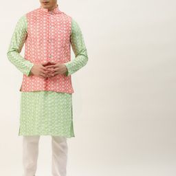 SOJANYA Men Green & White Embroidered Thread Work Kurta with Churidar & Nehru Jacket-57