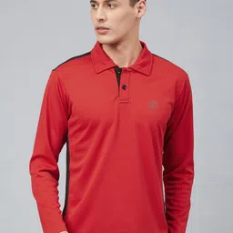 CHKOKKO Men Red Solid Dri-FIT Polo Collar T-shirt-image-2