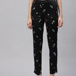 Marks & Spencer Women Black & White Floral Print Slim Fit Trousers-image-65
