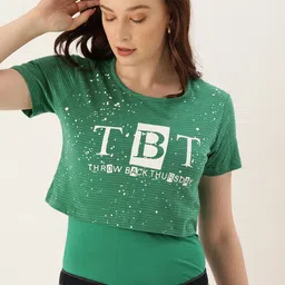 Lee Cooper Women Green  White Printed Round Neck Pure Cotton T-shirt-image-4
