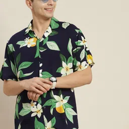 Hancock Men Navy & Green Printed Relaxed Fit Casual Resort Shirt-image-81