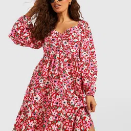 Boohoo Smocked Floral Print Puff Sleeve Empire Mini Dress-picture-22