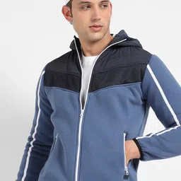 Campus Sutra Blue & Black Colourblocked Hooded Windcheater Bomber Jacket-image-67