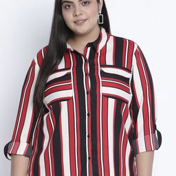 Oxolloxo Women Plus Size Red & White Classic Semi Sheer Striped Casual Shirt-picture-41
