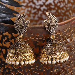 ANIKAS CREATION Gold-Toned Contemporary Pearl Studded Antique Jhumkas Earrings-image-32