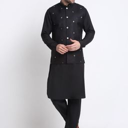KRAFT INDIA Mandarin Collar Pathani Kurta with Pyjamas & Nehru Jacket-image-93