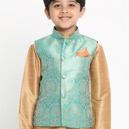 VASTRAMAY Boys Sea Green & Gold Toned Woven Design Silk Blend Nehru Jacket-31