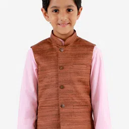 VASTRAMAY Boys Coffee Brown Solid Slim Fit Woven Nehru Jacket-image-25
