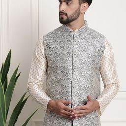 SOJANYA Ethnic Motifs Woven Design Mandarin Collar Nehru Jackets-19