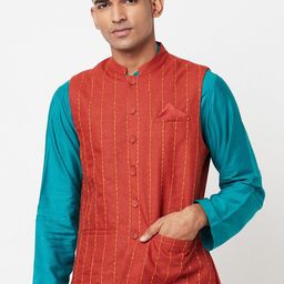 Fabindia Men Red Dobby Woven Design Nehru Jacket-15