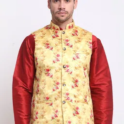 KRAFT INDIA Men Yellow & Red Floral Printed Satin Nehru Jacket-15
