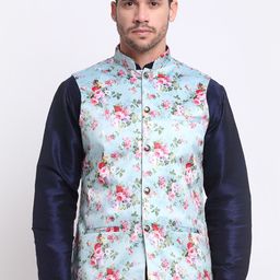 KRAFT INDIA Men Turquoise Blue & Pink Floral Printed Satin Nehru Jacket-11