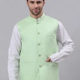 NEUDIS Men Green Solid Woven Cotton Nehru Jacket-image-77