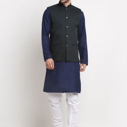 KRAFT INDIA Mandarin Collar Pure Cotton Kurta With Churidar & Nehru Jacket-image-51