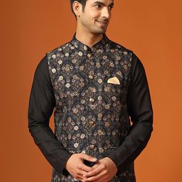 KISAH Floral Printed Mandarin Collar Woven Nehru Jacket With Pocket Square-10