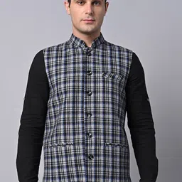 Vastraa Fusion Checked Pure Wool Woven Nehru Jacket-1