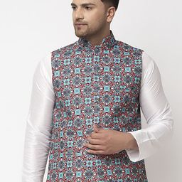 Benstoke Men Blue & Coral-Coloured Printed Nehru Jacket-image-37