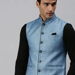 SHOWOFF Men Blue Printed Woven Nehru Jacket-image-10