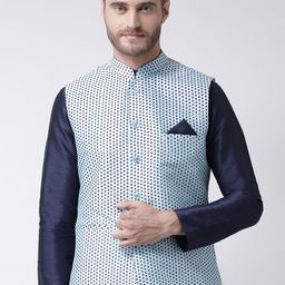 DEYANN Men Blue Printed Dupion Silk Nehru Jacket-5