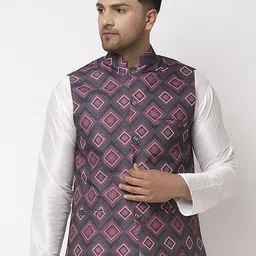 Benstoke Men Charcoal Grey & Purple Printed Woven Nehru Jacket-10