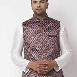 Benstoke Men Brown & White Ethnic Motifs Printed Woven Nehru Jacket-26