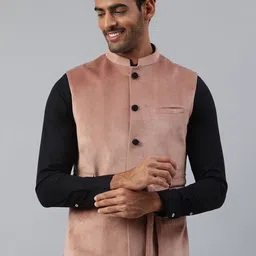 MR BUTTON Men Pink Solid Woven Nehru Jacket-14