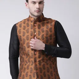 DEYANN Men Copper-Coloured & Black Printed Woven Nehru Jacket-picture-48
