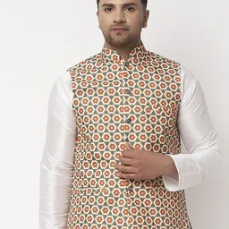Benstoke Men Beige & Green Printed Woven Nehru Jacket-picture-5