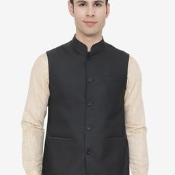 JADE BLUE Men Grey Solid Woven Nehru Jackets-26