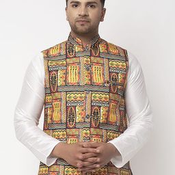 Benstoke Men Charcoal Grey & Yellow Printed Woven Nehru Jacket-30