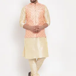 KRAFT INDIA Men Beige & Peach-Coloured Embroidered Kurta With Churidar & Nehru Jacket-picture-25