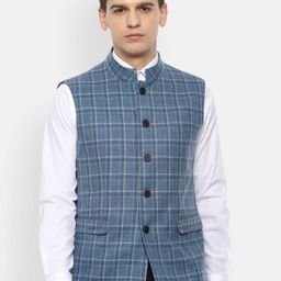 Louis Philippe Men Blue Checked Woven Slim-Fit Pure Wool Nehru Jacket-22