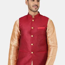 Wintage Men Red Woven-Design Nehru Jacket-7