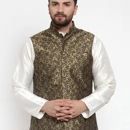 Jompers Men Gold-Coloured & Black Woven Design Nehru Jacket-19