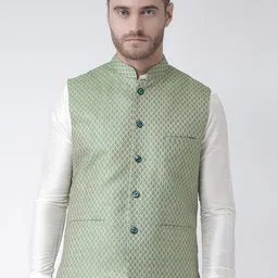 DEYANN Men Green & Beige Woven Design Nehru Jacket-picture-23