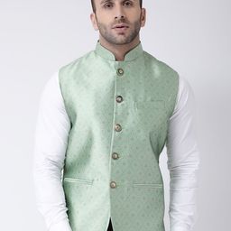 Hangup Men Green Woven Design Nehru Jacket-24